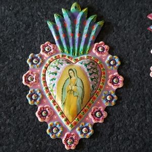 Sacred Heart Hand Painted Tin Milagro